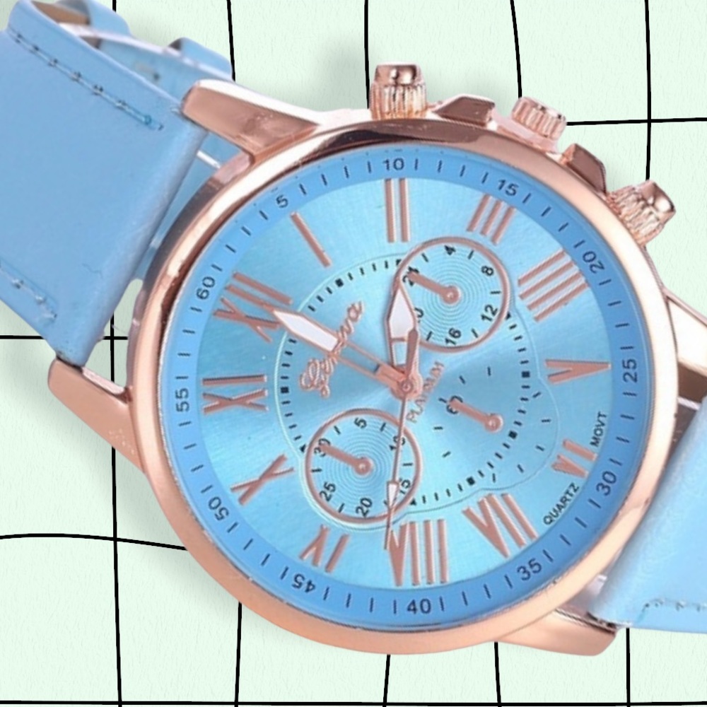 L BLUE & ROSE GOLD GENEVA PLATINUM WRISTWATCH FOR WOMEN COPY PU LEATHER CASUAL